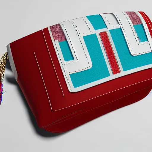 Prompt: studio photo of an airline pouch, bamboo and leather, palm, white coral, turquoise touch, beautiful and modern, centered, white background, 4K, octane render, Fiji style by Chanel, red hibiscus flower, bold white frame