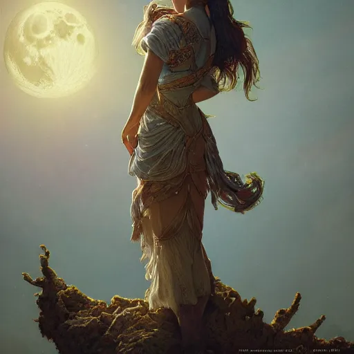 Image similar to detailed full body retro fantasy moon ultra detailed 4k digital painting, artstation, concept art, soft light, hdri, smooth, sharp focus, illustration, fantasy, intricate, elegant, highly detailed, D&D, matte painting, in the style of Greg Rutkowski and Alphonse Mucha and artemisia, 8k, highly detailed, jurgens, rutkowski, bouguereau, pastoral, rustic, georgic