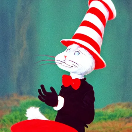 Prompt: the cat in the hat discovering his own mortality