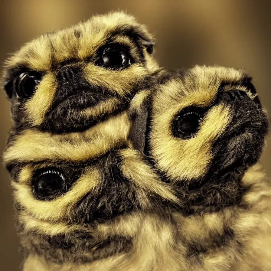 Image similar to bumblebee pug, soft and fluffy, macro photography, high resolution photo, cinematic lighting, beehive interior backgrounds, there is only one bumblepug!!!!!!!!, solo subject!!, trending on artstation, no ( ( ( ( ( ( ( two headed ) ) ) ) ) ) )