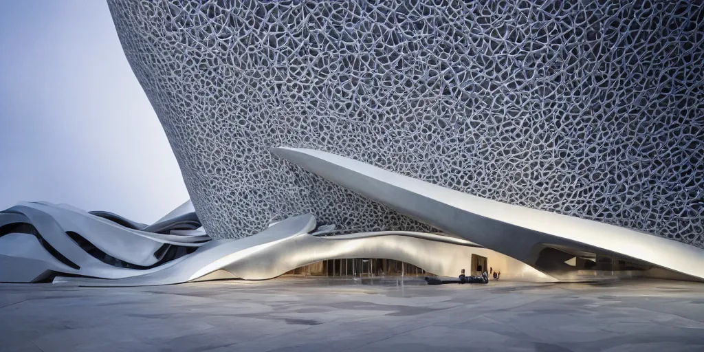 Image similar to extremely detailed ornate stunning sophisticated beautiful elegant futuristic museum exterior by Zaha Hadid, stunning volumetric light, stainless steal, concrete, translucent material, beautiful sunset, tail lights