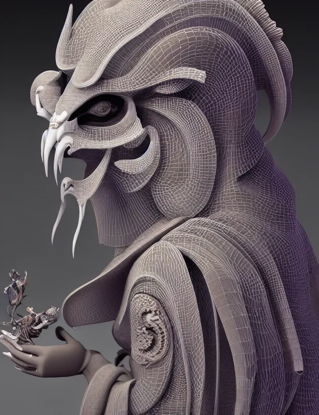 Image similar to 3 d goddess close - up profile portrait of cultist monk in hooded robe with ram skull. beautiful intricately detailed japanese crow kitsune mask and clasical japanese kimono. betta fish, jellyfish phoenix, bio luminescent, plasma, ice, water, wind, creature, artwork by tooth wu and wlop and beeple and greg rutkowski