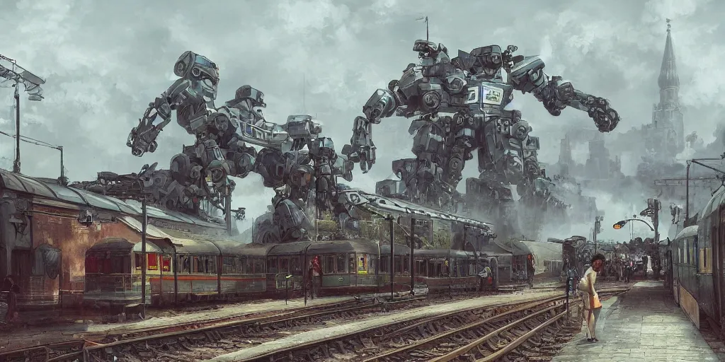 Image similar to a russian mecha, train station in summer, matte painting, afternoon, drama, by rozalski, artstation
