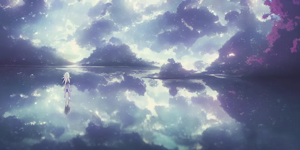 Prompt: white haired girl walking in cloud pond night, fractal dreamscape, shattered sky cinematic, mirror reflection, vibrant colors, digital anime illustration, award winning, by makoto shinkai