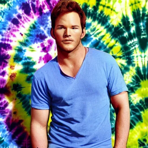 Image similar to chris pratt in a tie dye tshirt with rainbow shorts in the 1 9 6 0 s