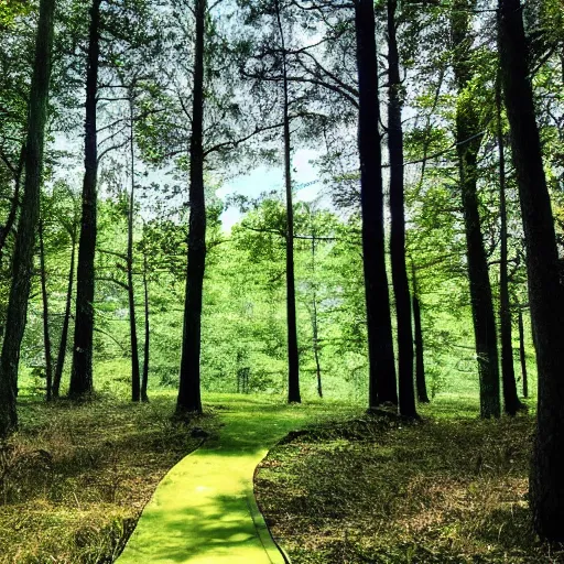 Image similar to walk in nature on lsd, in a forest by a lake, trail with green trees, ultra realistic, high detail, 4 k