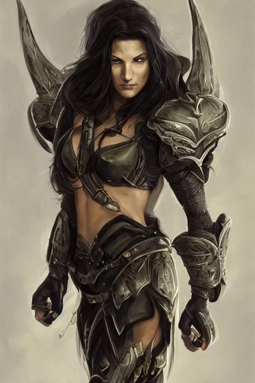 Image similar to a finely detailed portrait of Gina Carano, clothed in battle armor, olive skin, long dark hair, beautiful bone structure, symmetrical facial features, intricate, elegant, digital painting, trending on Artstation, concept art, smooth, sharp focus, illustration, from World of Warcraft, by Ruan Jia and Mandy Jurgens and Artgerm and william-adolphe bouguerea, award winning