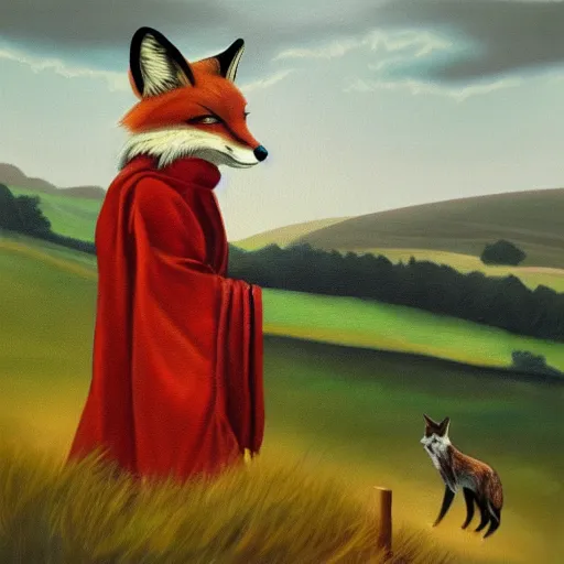 Image similar to oil painting of an anthropomorphic fox in a robe overlooking a village in the moor, dramatic lighting, overcast weather, highlands, fox in a robe