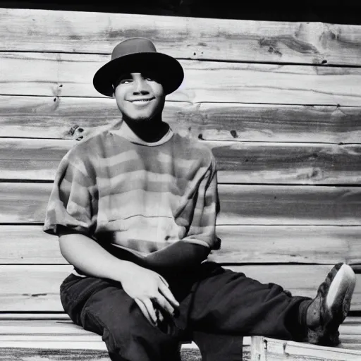 Image similar to photograph of a young man with a backward hat sitting on outdoor wooden bleachers next to a radio