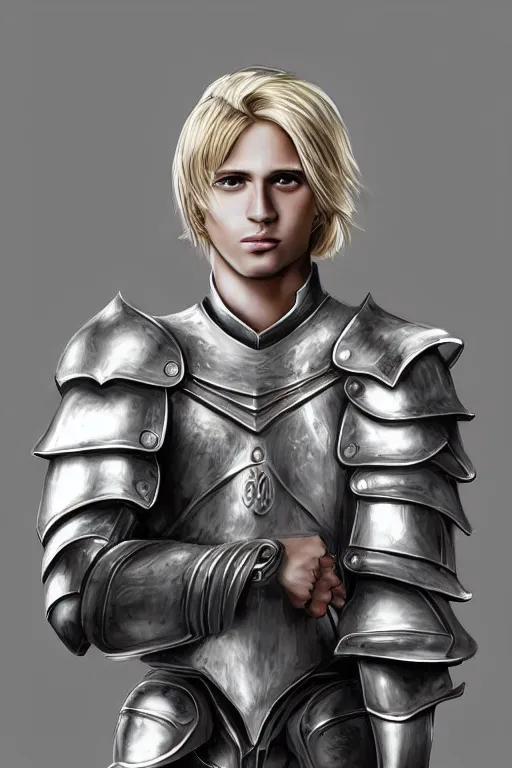 Prompt: a blonde male teenager wearing a silver plate armor, digital painting, digital art, oil painting, masterpiece, realistic and detailed face, profile picture, realistic, highly detailed, high quality, symmetrical, low contrast, trending on deviantart, soft colors, soft lighting, face portrait, beautiful, elegant, anatomically correct, castle in the background, bokeh, dof