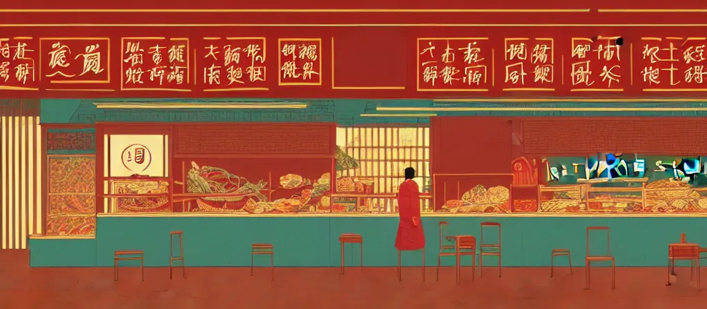 Image similar to a beautiful simple 4 k hd wallpaper illustration of interior view of the corner of roasted string hotpot shop, simple style, from china, with merchant logo, simple structure, surrealistic, chinese style, victo ngai, james jean, denoise, deblurring