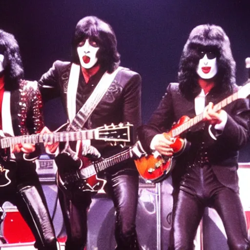 Image similar to the beatles playing together with kiss in a concert