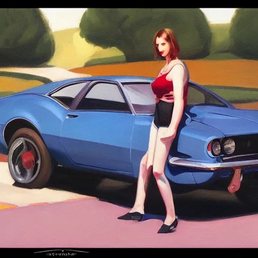 Image similar to Candid portrait, car in the background, dated a woman that lived on Cooterneck Road, She had a Catfish Camero and was cooler than me, by Edward Hopper, Bo Bartlett, and Cynthia Sheppard, Artstation