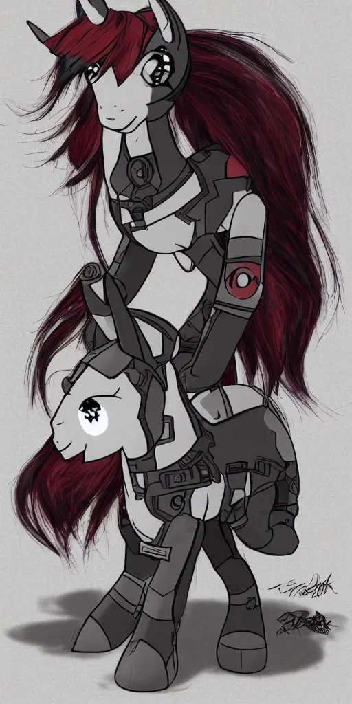 Image similar to Fallout Equestria Project Horizons | Blackjack Character Fanart | White MLP Unicorn Mare with red and black shaggy hair, and bright, robotic eyes. | Cutie Mark is: Ace and Queen of Spades | Trending on ArtStation, Digital Art, MLP Fanart, Fallout Fanart | Blackjack sitting and looking depressed at the viewer | Hyperrealistic CGI Photorealism