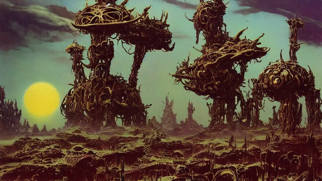 Image similar to surreal eerie alien planet empire with strange biomechanical plants by frank frazetta and bruce pennington, cinematic matte painting