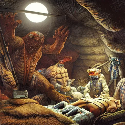 Image similar to primitive extraterrestrial villagers caring for injured human at bedside, inside primitive hut, cinematic, worm's eye view, dramatic lighting, illustration, ron cobb, mike mignogna, science fiction, detailed painting, high detail, rough paper