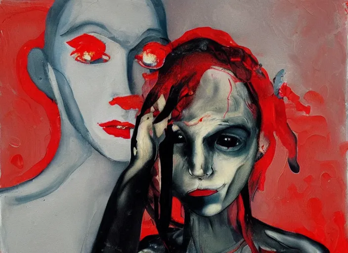 Image similar to a painting of annasophia robb bent with frozen cold stare, blood red background, transparent gray long dress, stockings, crows swarming trapped in the void as a symbol of death, in style of Francis Bacon, Ilya Kuvshinov, John Singer Sargant, impasto textures of Chaim Soutine and Frank Auerbach, American Gothic