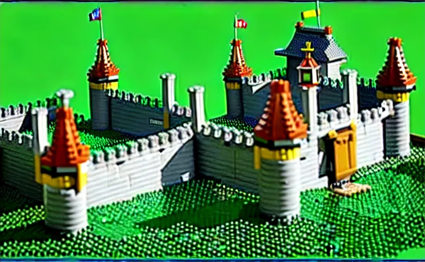 Image similar to a realistic detailed accurate Lego set of a medieval French castle on a green hill