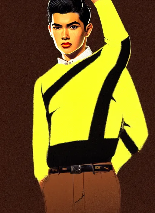 Image similar to portrait of young reggie mantle, mean smirk, egotistical, slicked back hair, striped yellow and black sweater, 1 9 5 0 s, intricate, elegant, glowing lights, highly detailed, digital painting, artstation, concept art, smooth, sharp focus, illustration, art by wlop, mars ravelo and greg rutkowski