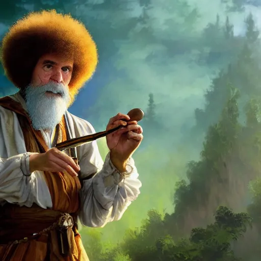 Prompt: an ultra detailed magic the gathering card of bob ross smoking a pipe and dressed as a fantasy druid, d & d, epic fantasy, concept art by alphonse mucha and greg rutkowski, octane render, 8 k, detailed face