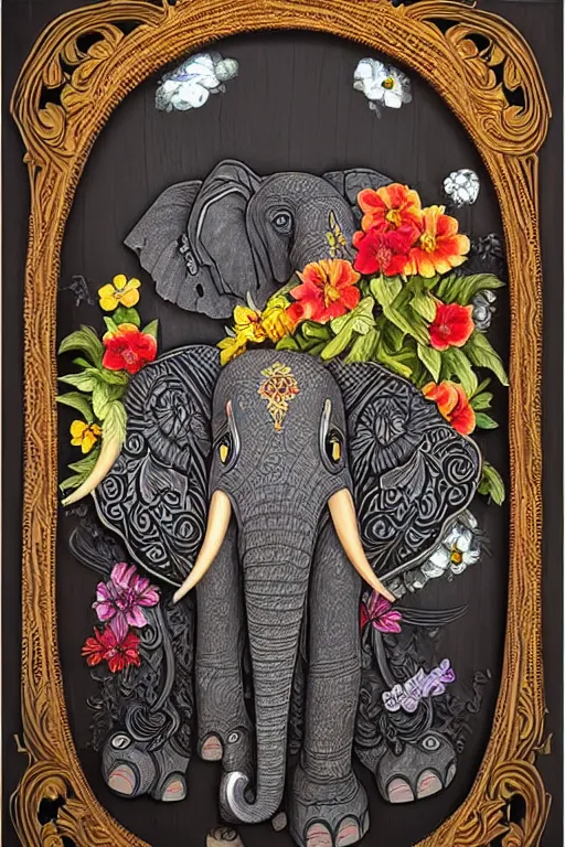 Image similar to Painted dark-wood panel relief carving of a Flowerpunk Matriarch Elephant, ornate border frame, explosion of colorful flowers, dark wood, intricately carved, black ink, festival of rich colors, intricate details, cinematic lighting, volumetric lighting, post-processing, by andreas rocha and john howe, and Martin Johnson Heade, featured on artstation, featured on behance, golden ratio, hyper detailed, photorealistic, epic composition, center spotlight, f32, well composed, UE5, 8k