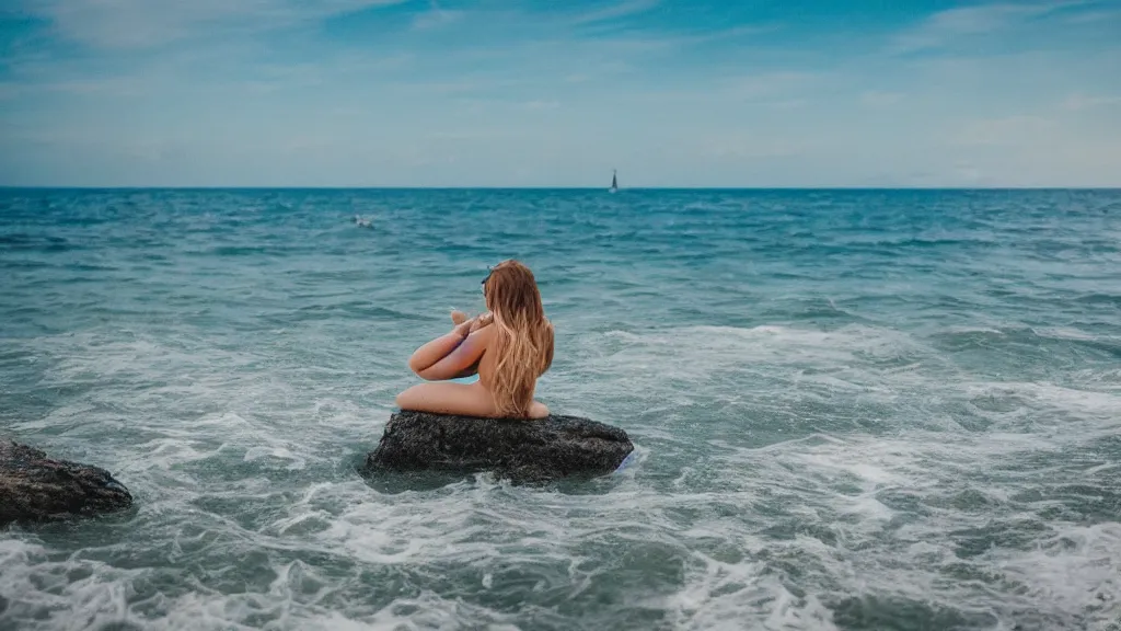 Image similar to professional photograph of the ocean, a mermaid in the background, high focus