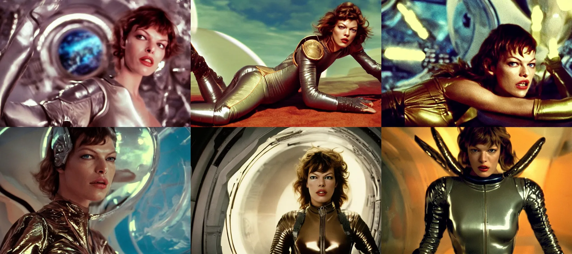 Prompt: a portrait of milla jovovich as barbarella wearing a leather spacesuit floating in zero gravity, psychedelic, beautiful, soft focus, depth of field, cinematic, film grain, in the style of kubrick, ridley scott