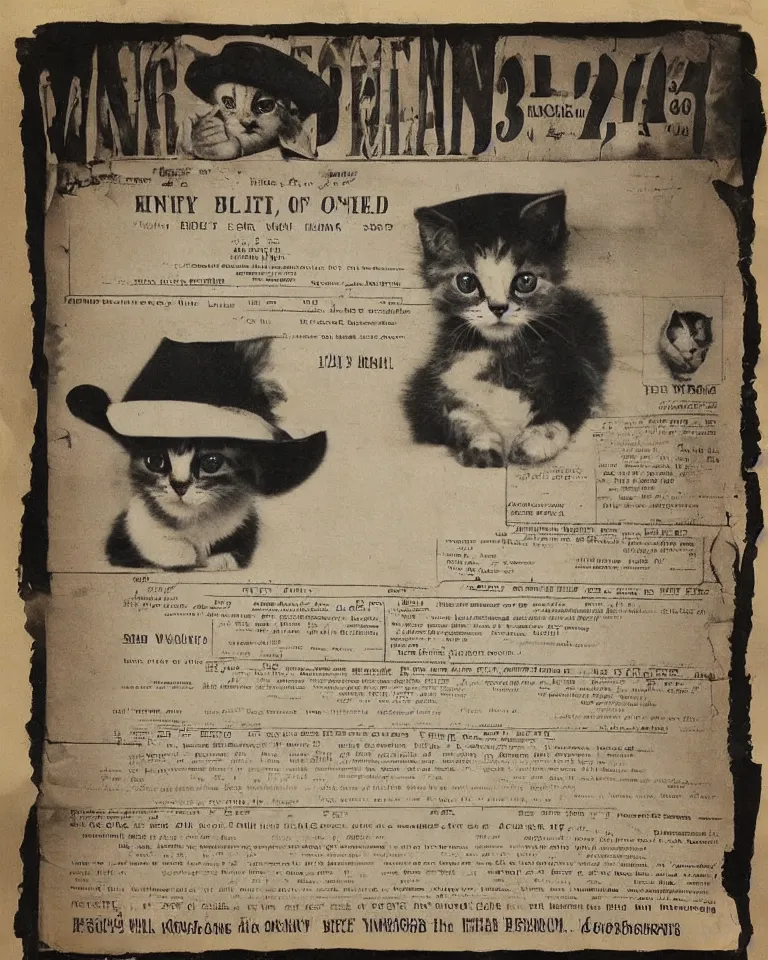 Prompt: 1865 wanted poster Wanted $1000 Reward kitten in cowboy hat Billy the Kit