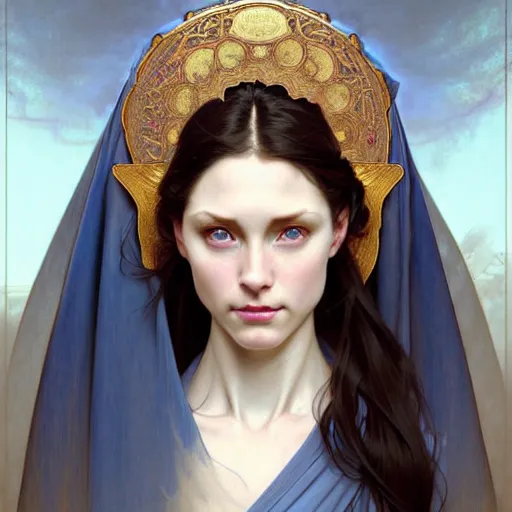 Image similar to Portrait of a female cleric wearing a kerchief covering her ears. She has blue eyes, black hair, porcelain skin, full lips, high slanted cheekbones. Fantasy art by artgerm and greg rutkowski and alphonse mucha, intricate, elegant, highly detailed, digital painting, concept art, illustration, award winning on artstation, D&D, AD&D.