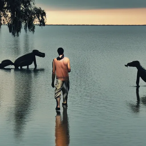 Prompt: man's face with clocks covering his eyes walking near lake with crocodiles, high detail, soft lighting, intricate, 8 k