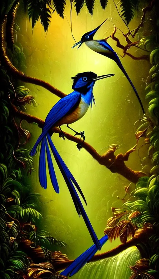 Prompt: paradise flycatcher, lush forest, gold, gems, dramatic lighting, waterfall, denoised, gothic architecture, baroque, painted by the best artists of artstation, best art in the world