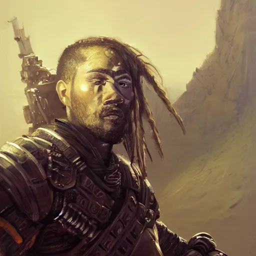 Image similar to Portrait of a man by Greg Rutkowski, a young, strong and hard-eyed futuristic warrior with brown hair with dreadlocks, wearing a futuristic space tactical gear that looks like a mix between the samurai, viking and templar aesthetics, mix between tribal and hi-tech, highly detailed portrait, scifi, space opera, digital painting, artstation, concept art, smooth, sharp foccus ilustration, Artstation HQ