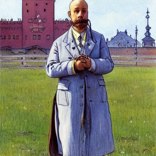 Image similar to painting carl larsson, cow, dressed, anthropomorphic!!, wearing!!! clothes!!!, standing next to royal castle!!!