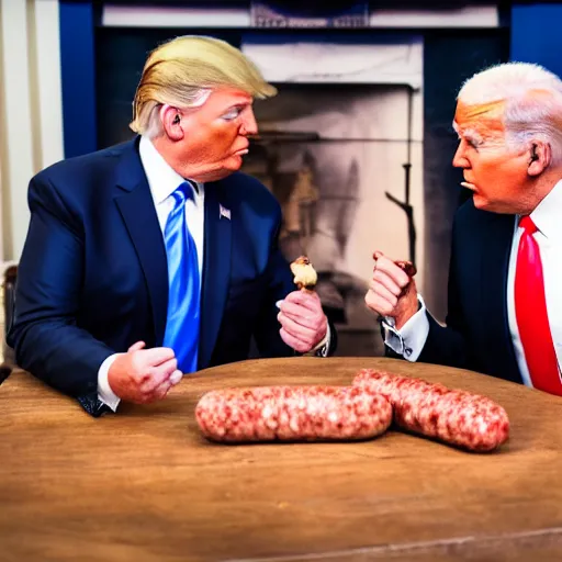 Prompt: Donald Trump and Joe Biden fighting over a sausage, Canon EOS R3, f/1.4, ISO 200, 1/160s, 8K, RAW, unedited, symmetrical balance, in-frame