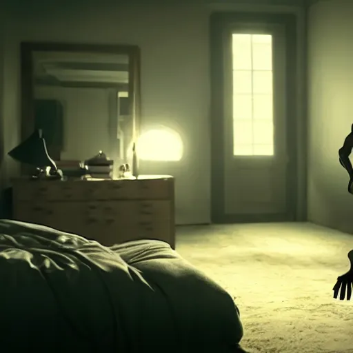 Image similar to A gangly humanoid monster running towards a person sleeping in a bed, Horror Movie Trailer Screenshot, Jump Scare, Cinematic Lighting, Oscar Winner