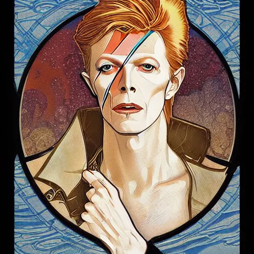 Image similar to david bowie as thomas newton the man who fell to earth, mucha style, art nouveau,