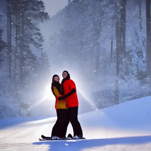 Image similar to happy couple skiing, snowfall, beautiful lighting, 4k