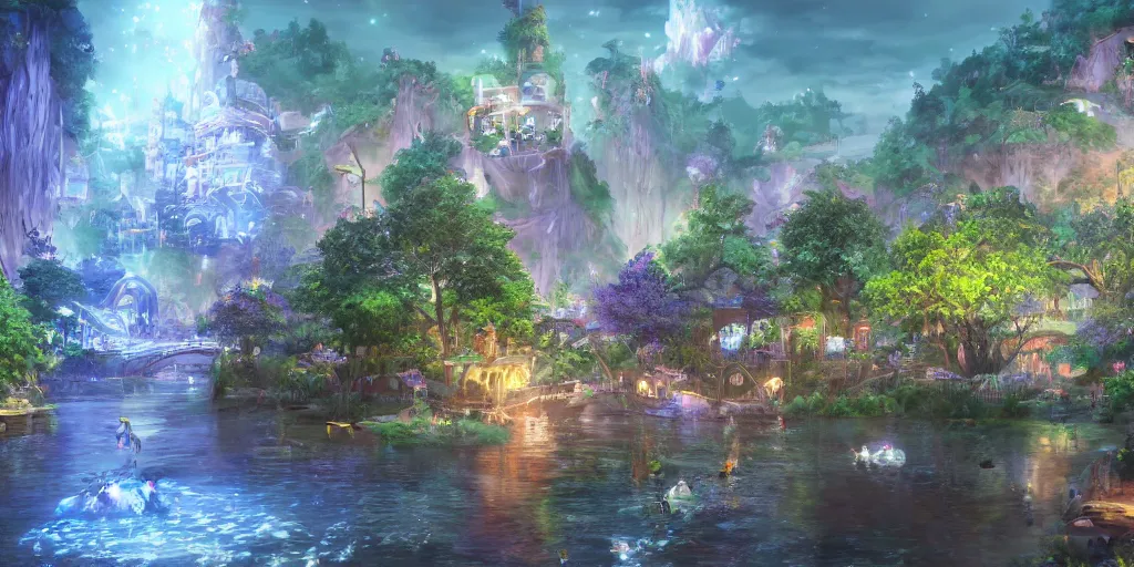 Image similar to beautiful and immersive magical town, magical buildings, bioluminescent forest surrounding, gentle rivers flowing through town, visual novel key visual, award - winning digital art on pixiv, trending on artstation - highly detailed, hyperrealistic, unreal engine 5, in the style of kingdom hearts