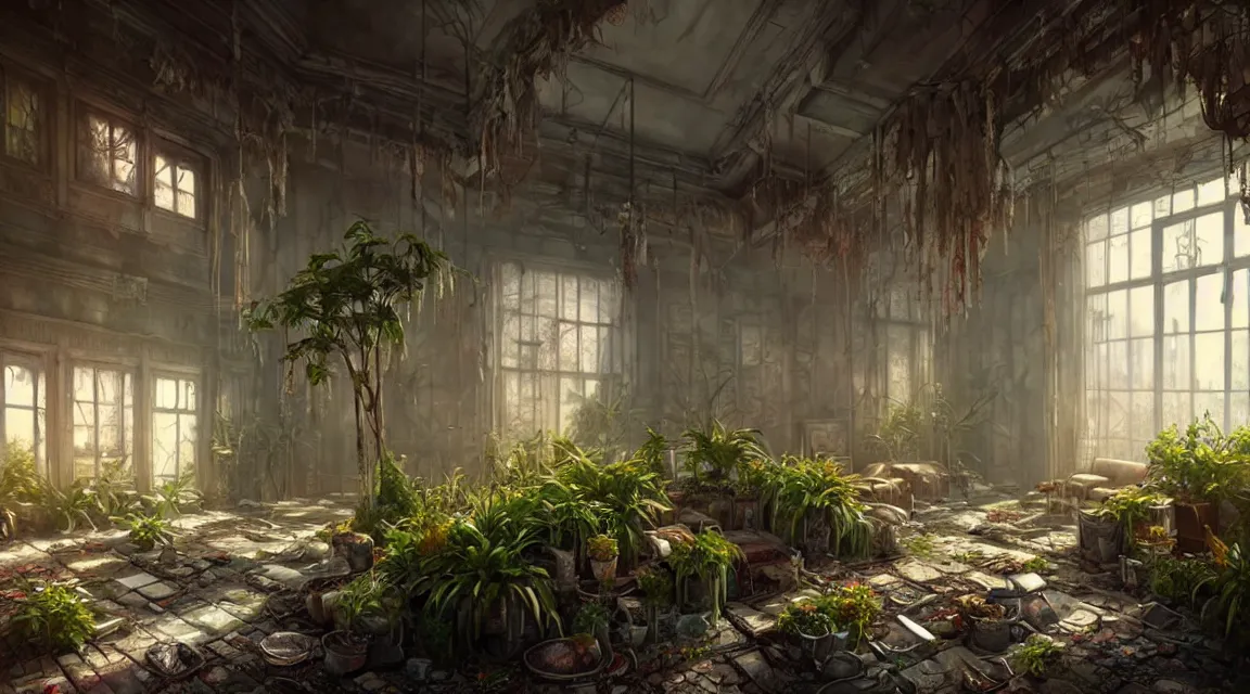 Image similar to post apocalyptic palace interior, interior plants, colorful color scheme, trending on cgsociety, photorealistic, hyperdetailed, hyperrealistic, game cg