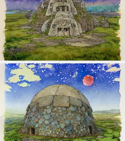 Image similar to hyperrealist studio ghibli watercolor fantasy concept art of an immense earthship solar home from howl's moving castle sitting on stonehenge like a stool. it is a misty starry night. by rebecca guay, michael kaluta, charles vess