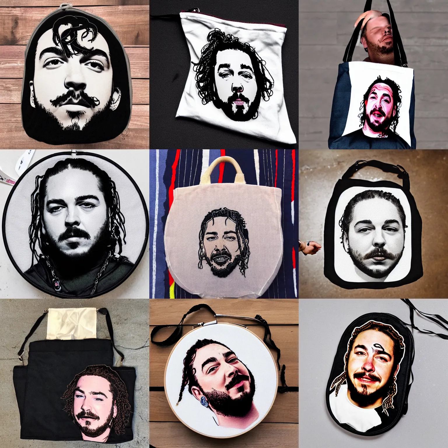 Prompt: post malone's face embroidered on a bag