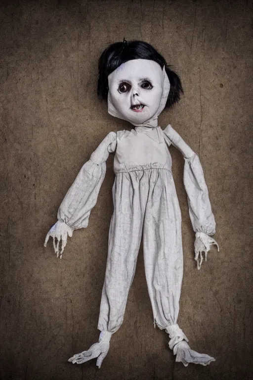 Image similar to a photo graph of a tpose creepy doll on black back ground