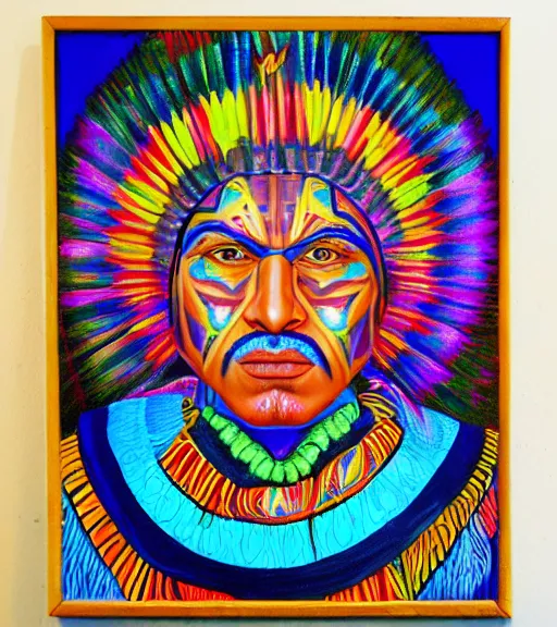 Image similar to Portrait painting in a style of Alex Grey of a shaman dressed in a colorful traditional clothes.