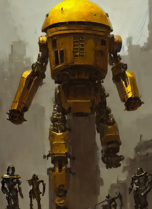 Image similar to human-sized strong intricate yellow pit droid carrying very detailed perfect antique great sword and beautiful large paladin shield, pancake short large head, exposed metal bones, painterly humanoid mecha, slightly far away, by Greg Rutkowski