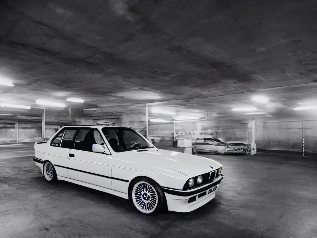 Image similar to a modified bmw e 3 0 with lights on in a futuristic neon parking garage, 3 5 mm photography, car photography, clean lines, realistic