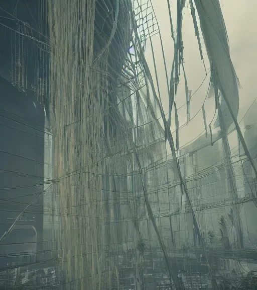 Image similar to hemp ropes in cyberpunk structure, former gasometer in rome, white sheets, trending on artstation, behance, octane render, award winning, archviz, matte painting, epic