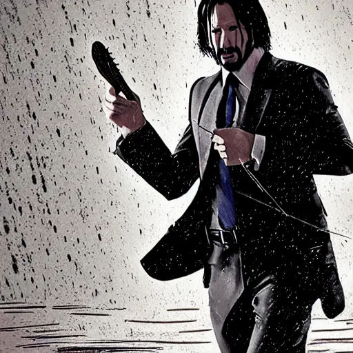 Image similar to john wick playing a guitar in the rain, photorealistic, realistic, dramatic, cinematic, photography