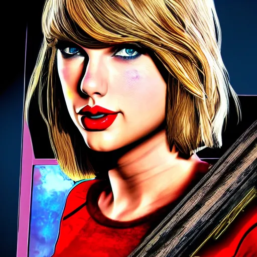 Image similar to taylor swift portrait, borderlands, tales from the borderlands, the wolf among us, comic, cinematic lighting, studio quality, 8 k