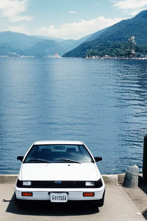 Image similar to Photo of a white 1997 Ford AU Falcon parked on a dock with Lake Como in the background, wide shot, daylight, blue sky, summer, dramatic lighting, award winning, highly detailed, 1980s, luxury lifestyle, fine art print, best selling.