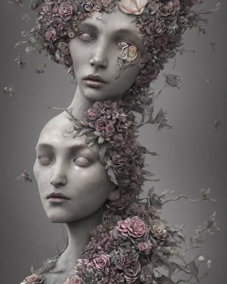 Prompt: front view of an beautiful ethereal female made of concrete and flowers turning into mist, Andrew Ferez, Charlie Bowater, Marco Mazzoni, Seb McKinnon, Ryohei Hase, trending on cgsociety, featured on zbrush central, new sculpture, mystical